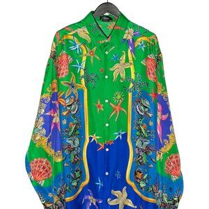Versace Green Blue Trésor de La Mer Silk Buttoned Shirt
